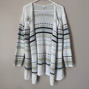 J Jill Womens MP Sweater Cardigan White Green Blue Striped Open Front Duster